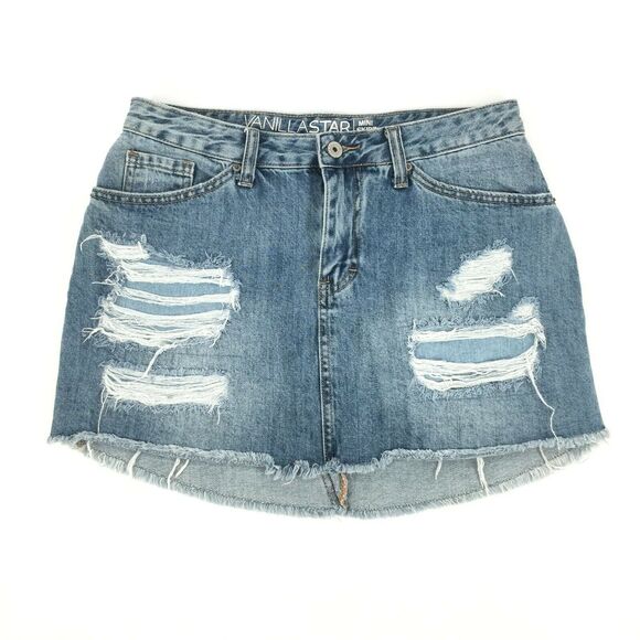Vanilla Star Ripped Distressed Denim Mini Skirt Size 7 Womens Blue Jean Cut Off - Picture 1 of 6
